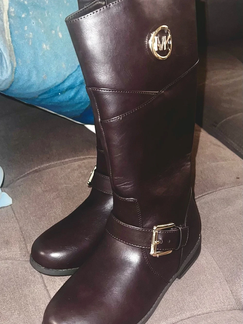 Michael Kors Girls Dark Brown Tall Boots with Gold MK Emblem